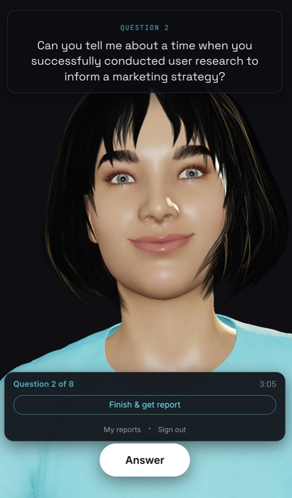 Convincing — a real-time AI avatar interviewer asking a question with live scoring